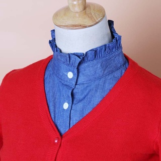 ONT minimalista rayas Denim mujeres desmontable solapa falso Collar lindo muñeca volantes encaje empalme botón abajo falsa media camisa blusa (6)