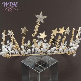 Wx9e moda Color oro pentagrama novia corona joyería diamantes de imitación estrellas corona Tiaras para novia princesa boda joyería de pelo (2)