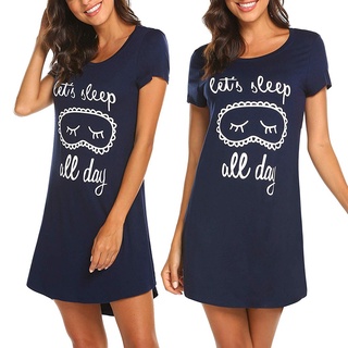 ✨ FuhuangYa 🌫️ Women's Ladies Short Sleeve Casual Cartoon Print Comfy Nightgown Sleep Dress (1)