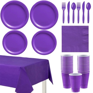 Púrpura platos taza de papel pajitas desechables vajilla conjunto de fiesta mantel suministros boda fiesta decoraciones