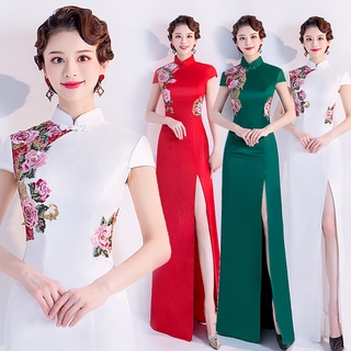 rojo estilo chino novia brindis etapa rendimiento y mostrar etiqueta de pasarela anfitrión vestido de novia y cheongsam venta al por mayor