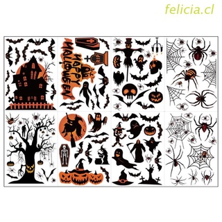 felicia - juego de 8 hojas, diseño de halloween, diseño de araña, calabaza, bruja, ventana, pegatinas de cristal, pared, decoración de fiesta