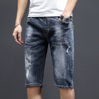 Delgado pantalones cortos de mezclilla de los hombres de cinco puntos pantalones sueltos rectos estiramiento rasgado jeans hombres