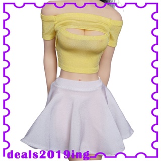 [Deals] 1/6 escala mujer moda rayas hombros fuera camisas manga corta Tops y falda plisada para figuras de acción de 12 pulgadas CY (8)