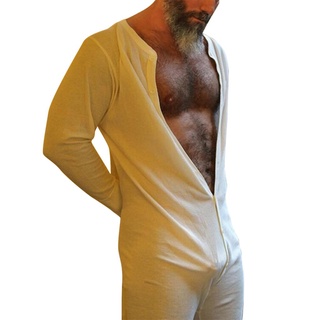 ✿Sf✲Los hombres Sexy de una sola pieza pijamas de Color sólido de manga larga botón peleles ropa de dormir moda primavera otoño ropa de dormir (1)