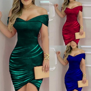 dianfangj Women Dress Off Shoulder Ruched Velvet Sexy Solid Color Bodycon Mini Dress Streetwear for Party