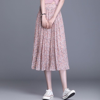 Falda floral de gasa, cintura alta, longitud media, una línea de falda, drapeado, falda plisada (4)
