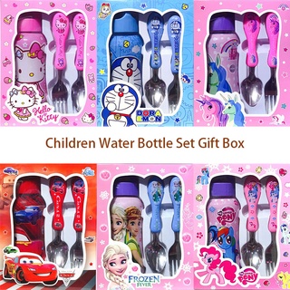niños niñas de dibujos animados taza de agua botella cuchara tenedor cubiertos conjunto de niños caja de regalo