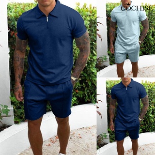 cochisesolid color deportivo traje bolsillos de dos piezas de turn-down cuello t-shirt pantalones cortos de los hombres suelto chándal