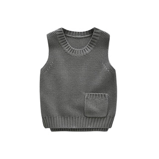 ✿-Lzz-✿-Chaleco de punto coreano para niños con bolsillo otoño e invierno Color sólido cuello redondo jersey suéter (4)