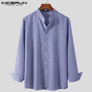 INCERUN Men Casual Striped Long Sleeve Loose V Neck Buttons Up Shirt