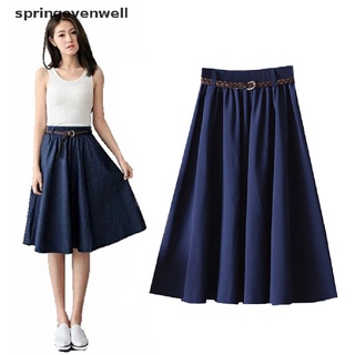 [springevenwell] falda plisada coreana casual cintura alta midi falda verano mujeres sólido una línea caliente