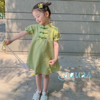 anana-kids vestido, niñas cuadros cuello de pie corto puff manga de una sola pieza cheongsam para el verano, verde