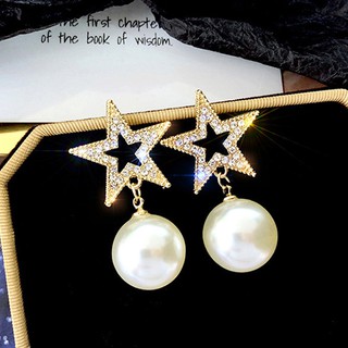 Exquisito❅S925 plata aguja diamante de cinco puntas estrella perla pendientes