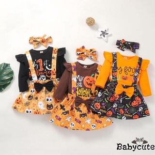 B-bbaby traje de tres piezas de niña lindo estampado de Halloween manga larga mameluco y falda liguero con diadema