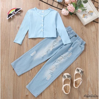 Hian-girl camiseta y pantalones traje de moda Color sólido chaqueta de manga larga y pantalones de mezclilla rasgados (6)
