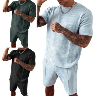 qihiqi impresión a cuadros traje deportivo de manga corta de dos piezas o-cuello t-shirt pantalones cortos de los hombres suelto traje de sudor