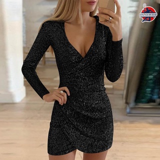 Womens Sparkly Sequin Short Dress Deep V-neck Long Sleeved Elegant Party Sheath Dress for Holiday Prom Evening