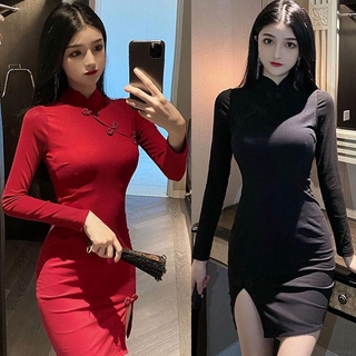 Coreano vestidos de las mujeres de estilo chino Retro primavera Festival Sexy Slim manga larga Cheongsam vestido (1)