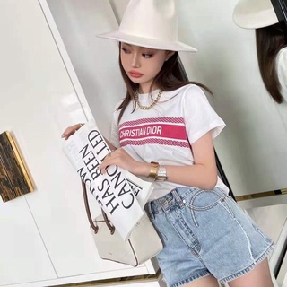 21ss nuevo dior raya impreso camisetas coreanas moda casual manga corta mujeres tops algodón cuello redondo slim niñas ropa