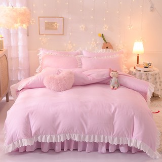Juego de sábanas 4 en 1+funda de edredón+funda queen king size tela de algodón estilo de encaje liso color rosa claro