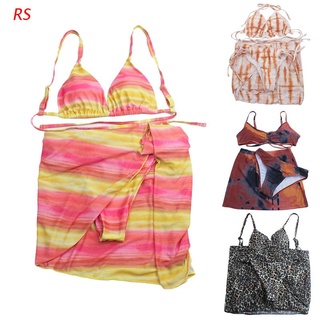 RS Women Sexy 3 Pieces Swimsuit Set Leopard Tie-Dye Print Triangle Brazilian Bikini with Short Sarong Cover Up Beach Skirt Bathing Suit