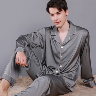 Mulberry seda de los hombres pijamas de primavera delgada de manga larga abierta vuelta de seda pijamas