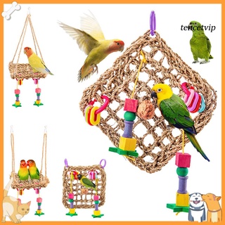 SG--Bird Parrot Straw Hanging Hammock Swing Cage Mesh Mat Pet Foraging Chewing Toy