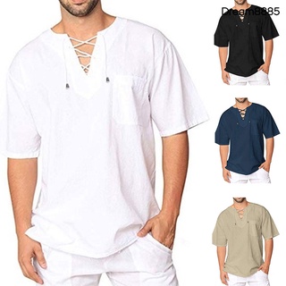 [DREM T.sh] hombres moda Color sólido manga corta vendaje cuello V camiseta holgada blusa Top