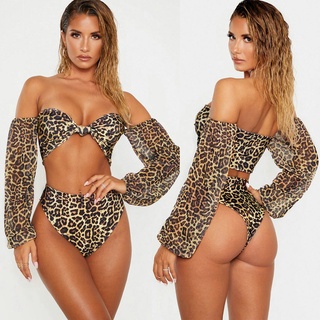 shein^_^ bikini mujer sexy cintura alta estampado leopardo manga traje de baño