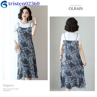 tristen02360 Women Dress Flower Printed Crew-neck Short-sleeved Loose Comfortable Fake Two-piece Skirt (6)
