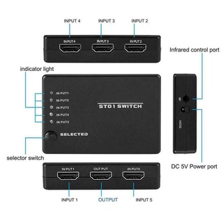 5 Port 1080P HDMI-compatible Switch Switcher Selector Splitter Hub Ir Remote