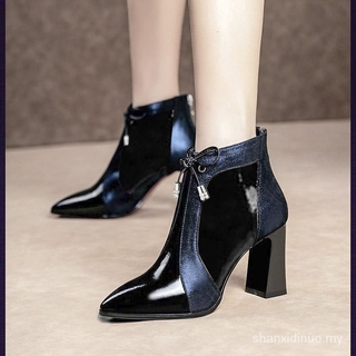 Mujer botas puntiagudas tacón grueso tacón alto estilo británico Dr. Martens boots2019otoño e invierno nuevas botas de tobillo flaco botines (9)