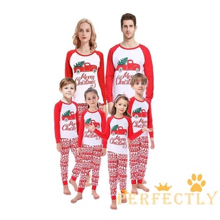 Pft7-ropa interior de la familia de navidad con estampado de letras/Tops de manga larga con pantalón de empalme traje para adultos/niños/rojo