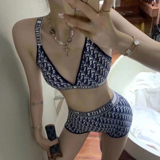 [Versión Alta Con Etiqueta] Dior Azul Marino Oblicua Playa Bikini Conjuntos De Tejer Algodón Hielo Seda Traje De Baño (5)