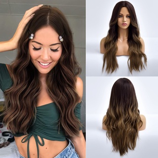 Peluca de cabello largo ondulado para mujer/cabello Natural medio con degradado marrón