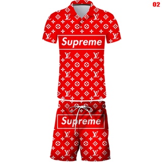 2021 European and American new trendy brand Supreme men's sports short-sleeved top, summer fashion LV 3D printing lapel casual shorts suit