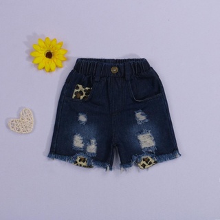 ♥Iq❀Bebé pantalones cortos de mezclilla con estampado de leopardo, decoración cepillado versión de cintura alta ropa de verano