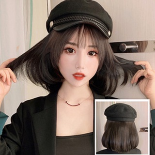 sombreros con peluca adjunta para las mujeres gorra con corto bobo negro pelo recto disfraz disfraz (3)