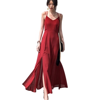 Women Spaghetti Strap Dress Backless Vintage Slim Fit Slit Dress for Summer (2)