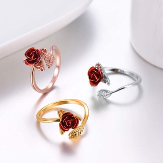 LOVE Romantic Red Rose Ring Band Resizable Garden Flower Leaves Open Finger Rings for Women Valentine's Day Jewelry Gift (9)