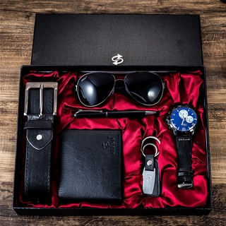 [en stock] juego de regalo recomendado para hombre reloj de cuarzo, cartera de PU, cinturón de PU, gafas de sol, bolígrafo, llavero con caja de regalo exquisita