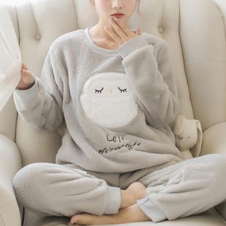 Pijama de manga larga para mujer conjunto grueso cálido de franela traje de dibujos animados animales ropa de dormir (3)