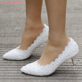 Nuevo 5cm blanco encaje tacones altos stiletto tacón medio zapatos de boda de trabajo punta dama de honor zapatos solo zapatos de las mujeres zapatos s