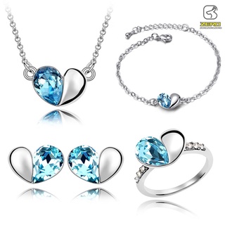 New Silver Plating Peach Hearts Zircon Necklace+Bracelet+Earrings+Ring Fashion Jewelry Set For Women Gift