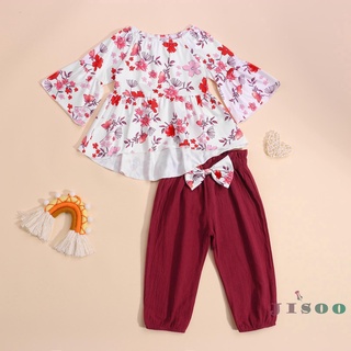 Soo-Girls conjunto de ropa con estampado Floral, dobladillo Irregular de manga larga O-cuello Tops + pantalones con nudos de lazo