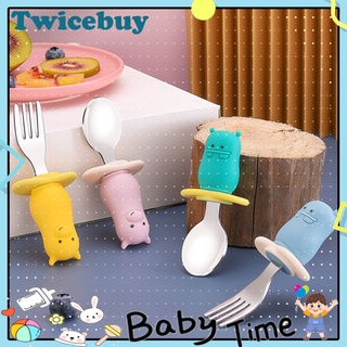 twicebuy.cl 2 unids/set bebé cuchara tenedor forma redonda resistente al calor material de grado alimenticio niños alimentación utensilios de cocina para el hogar