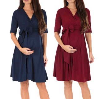 V-Neck Maternity Breastfeeding Dress Solid Color Navy Blue S