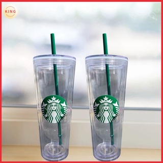 Limited Starbucks Vaso Con Paja Doble Capa Taza De Plástico Reutilizable Verde Negro Transparente Fría KING