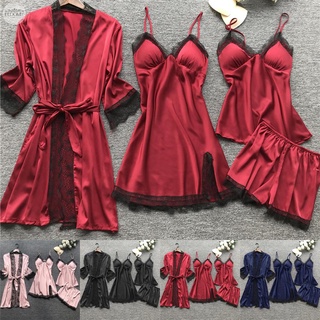Conjunto de ropa de dormir para mujer, 4 piezas, 4 piezas, lencería de encaje de seda sintética, camisón (1)